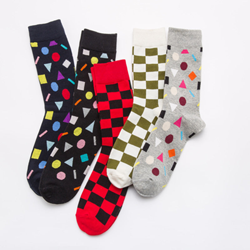 Geometric Crew Socks - White Green Check