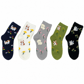 Women’s Puppy & Blossom Crew Socks – Korean Preppy Cotton Socks for Fall Winter