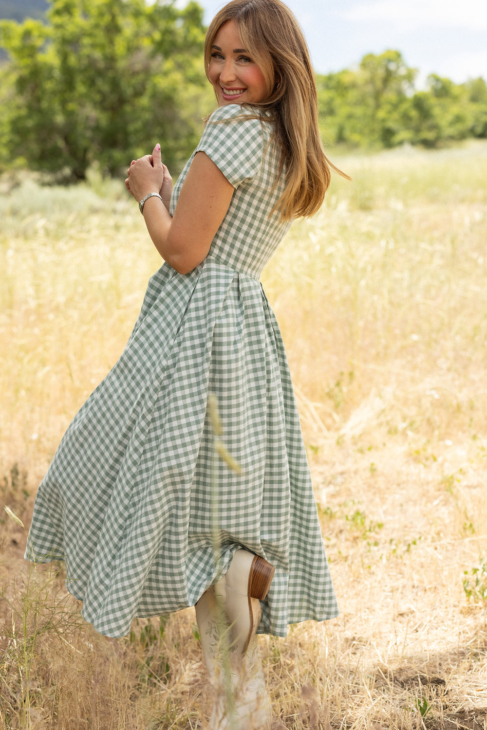 Amber Dress in Sage Gingham