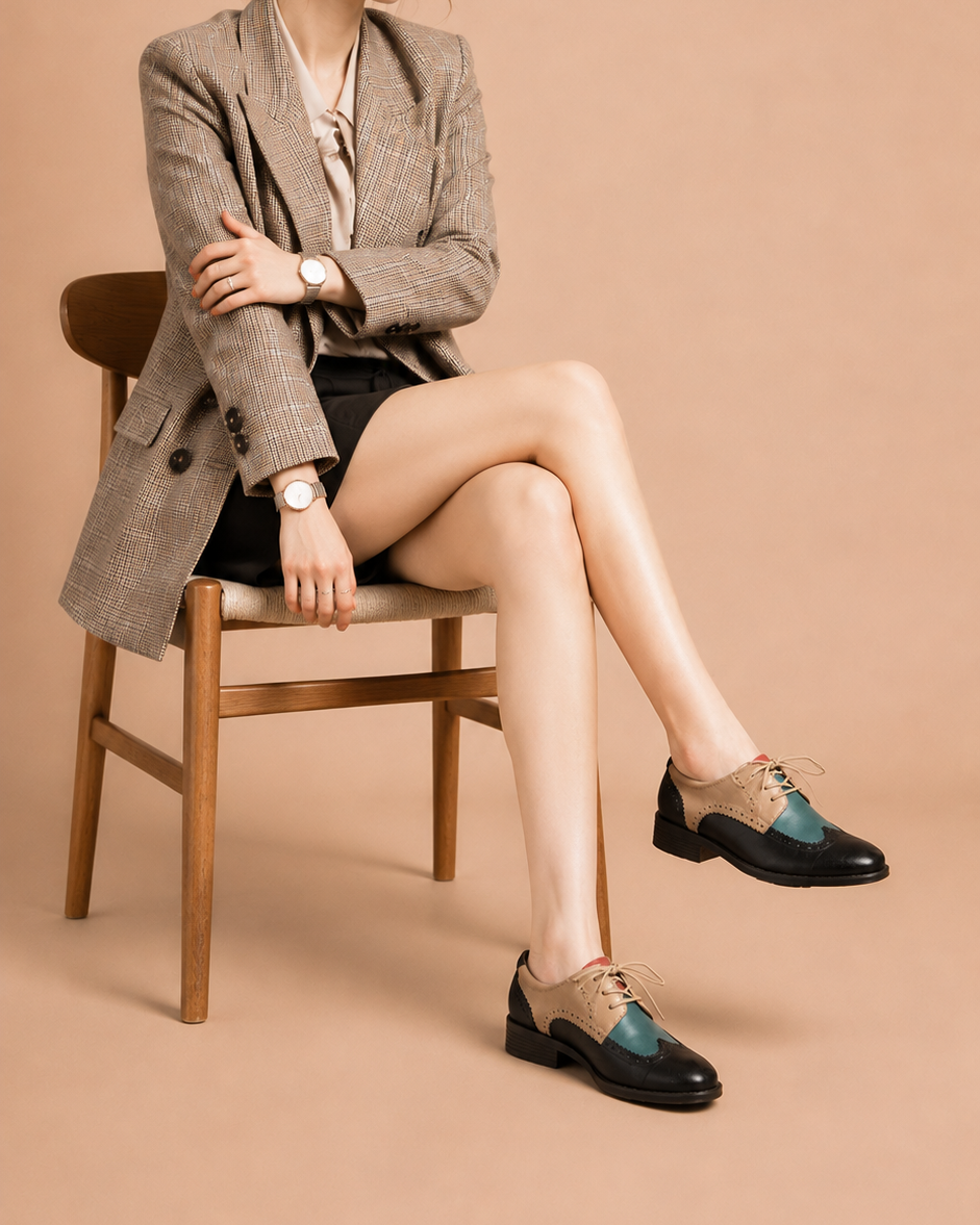 Women's Genuine Leather Two-Tone Brogue Derby Shoes – Vintage Low Heel Lace-Up Flats