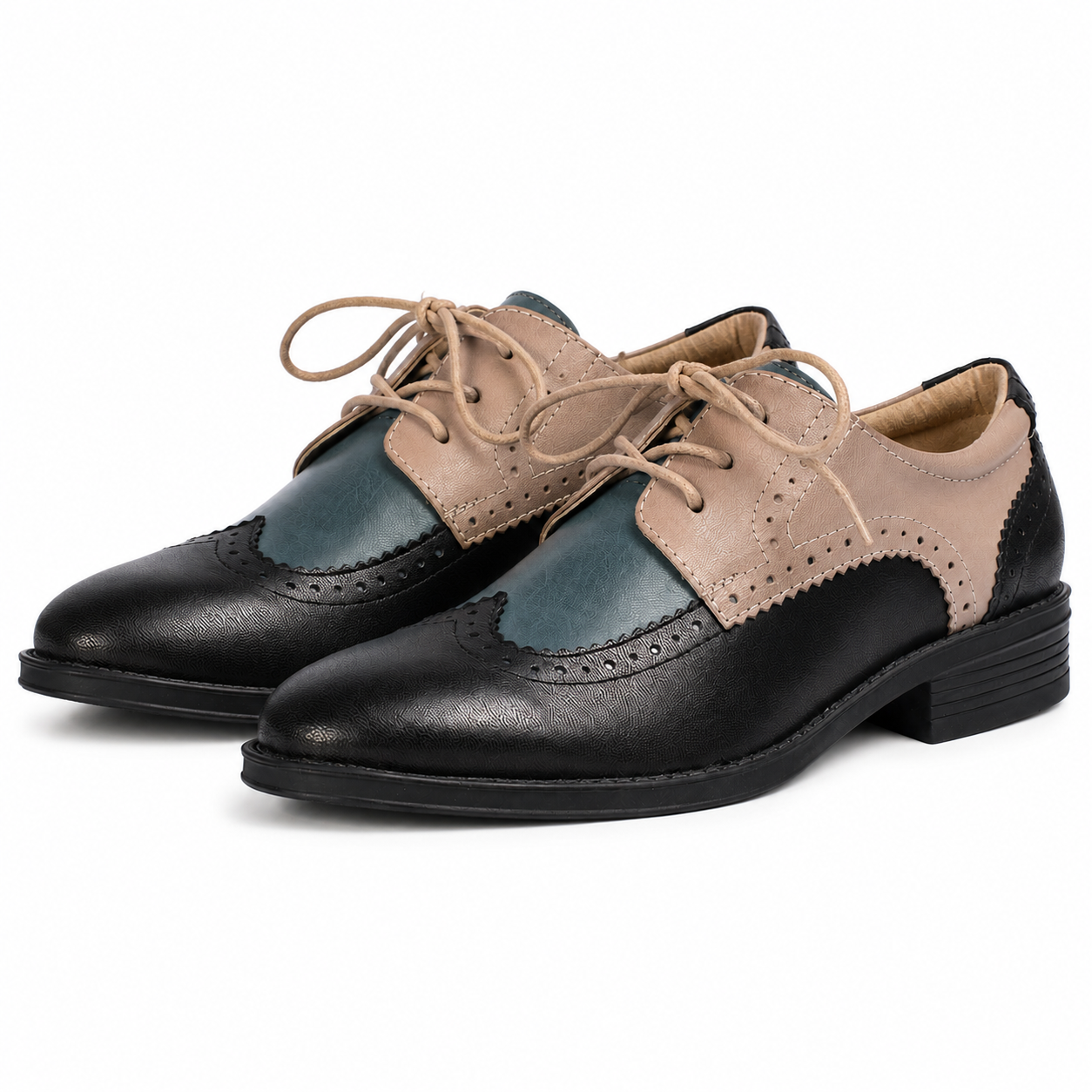 Women's Genuine Leather Two-Tone Brogue Derby Shoes – Vintage Low Heel Lace-Up Flats