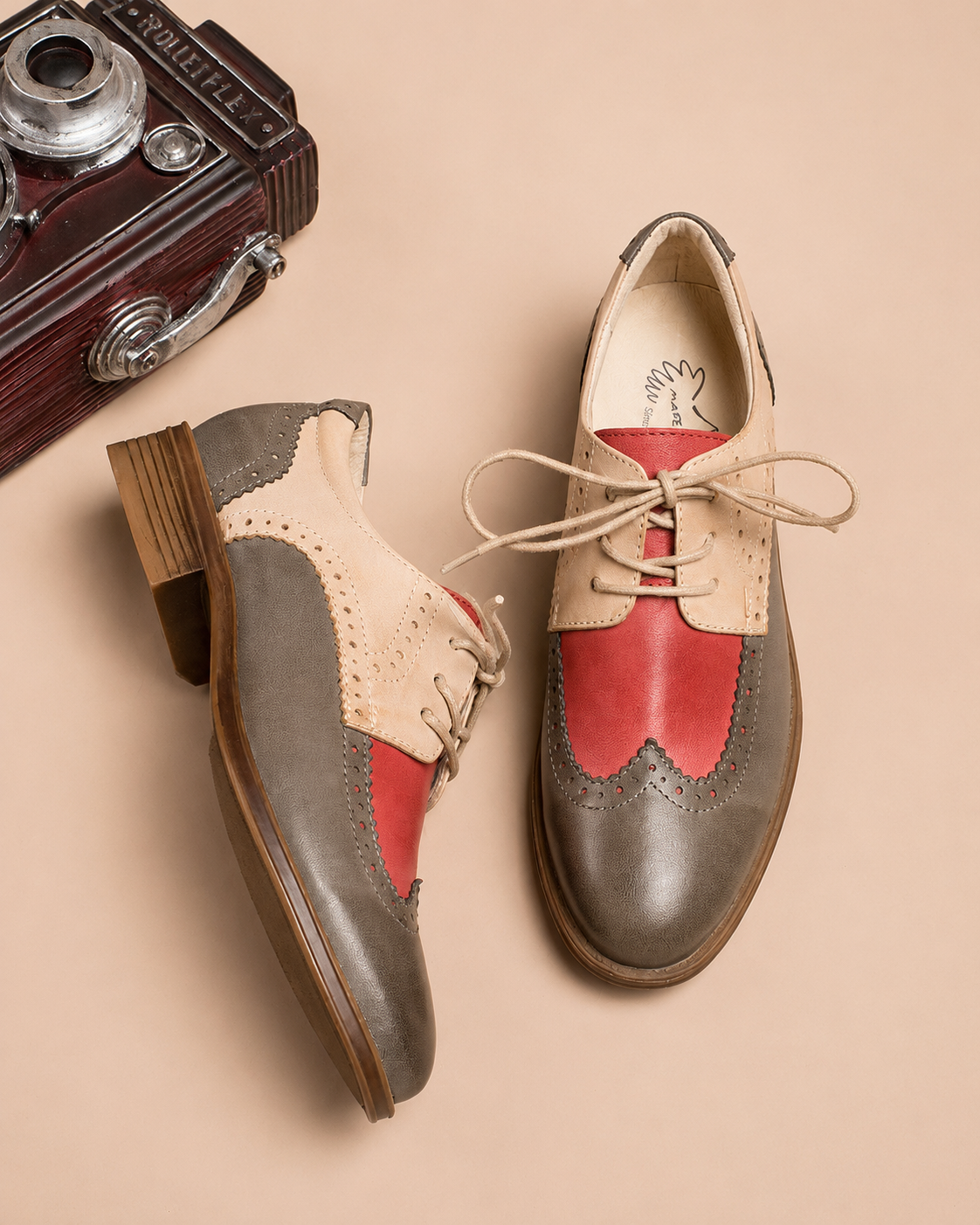 Women's Genuine Leather Two-Tone Brogue Derby Shoes