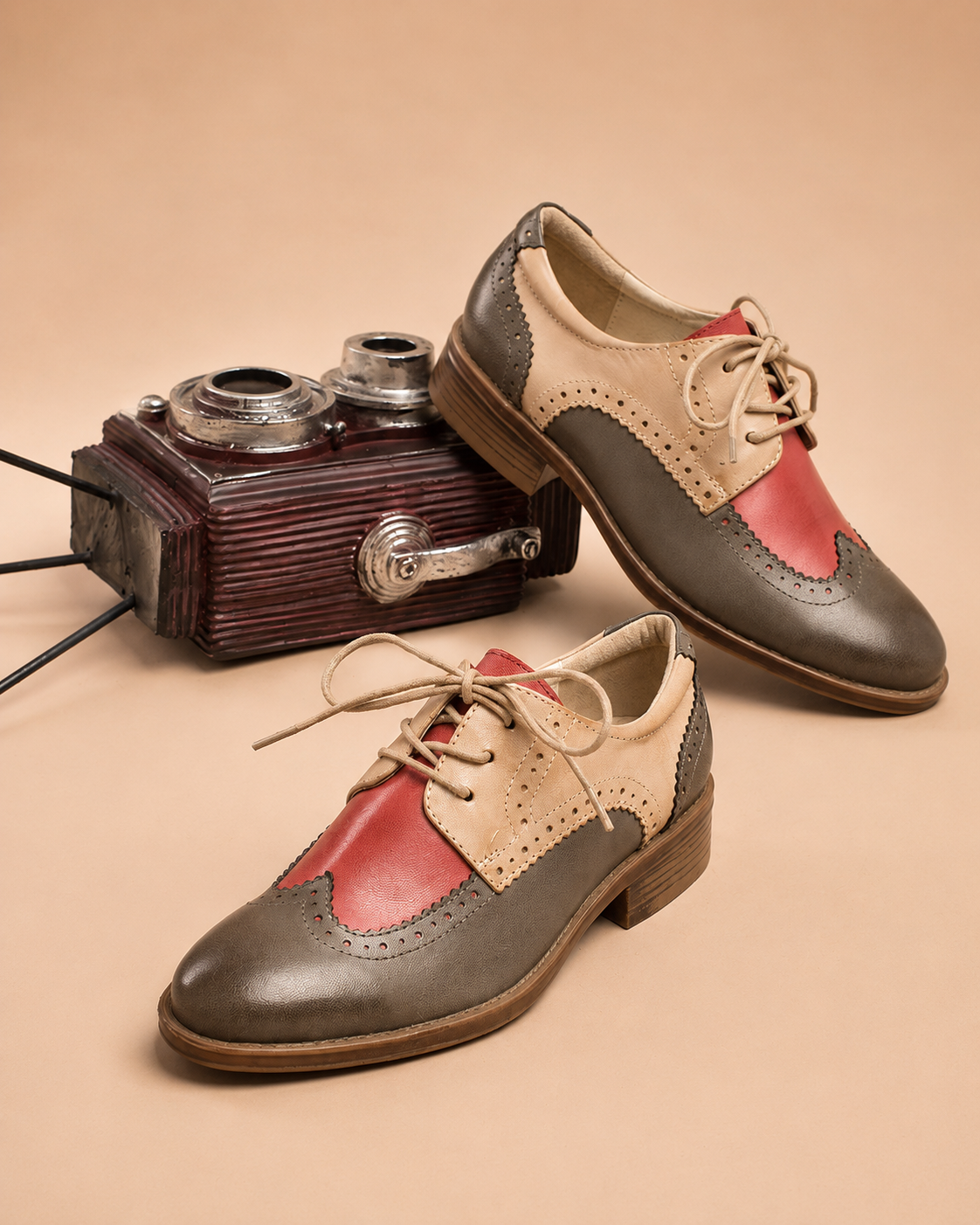 Women's Genuine Leather Two-Tone Brogue Derby Shoes