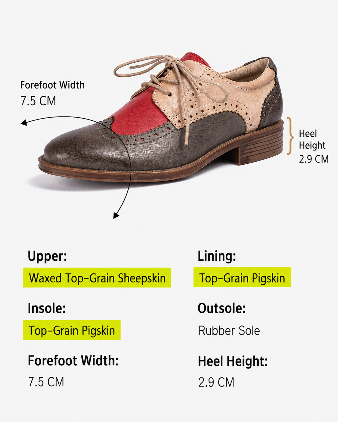Women's Genuine Leather Two-Tone Brogue Derby Shoes