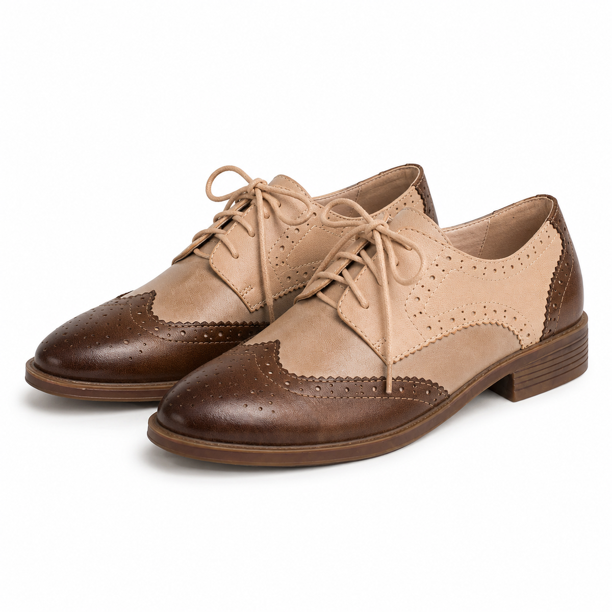 Women’s British-Inspired Lace-Up Brogue Shoes – Brown tri-color