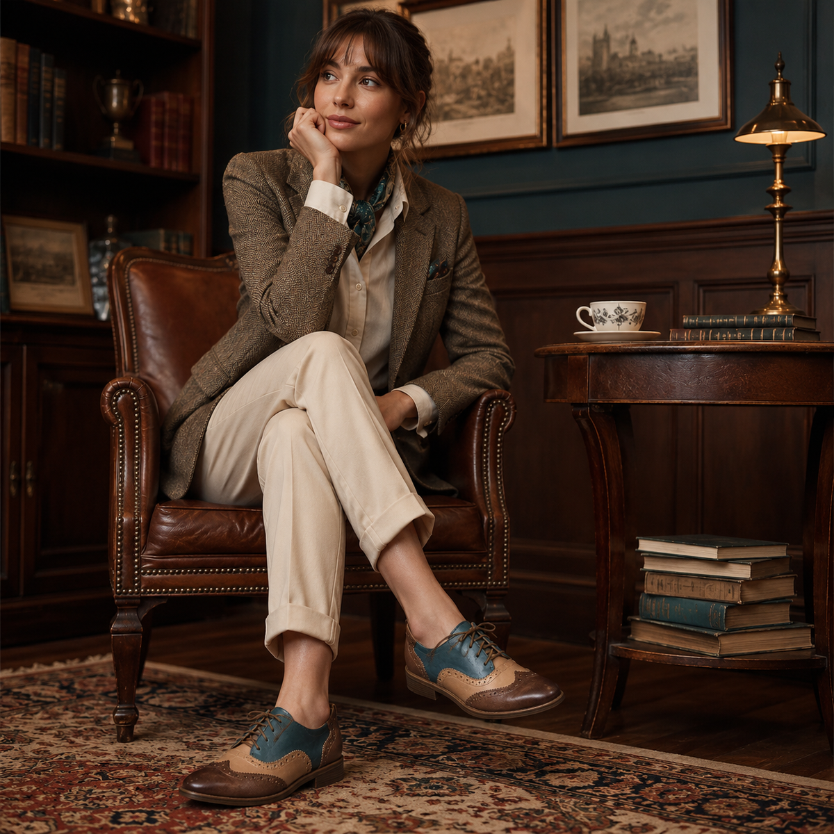 Women’s British-Inspired Lace-Up Brogue Shoes – Blue