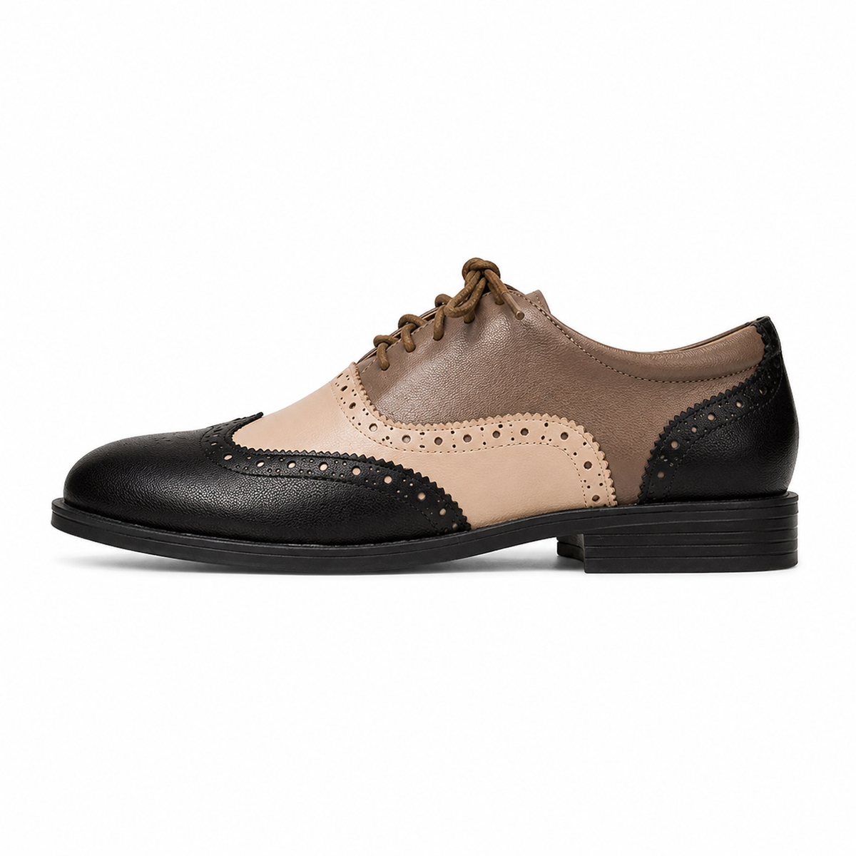 Women’s British-Inspired Lace-Up Brogue Shoes – Black and apricot
