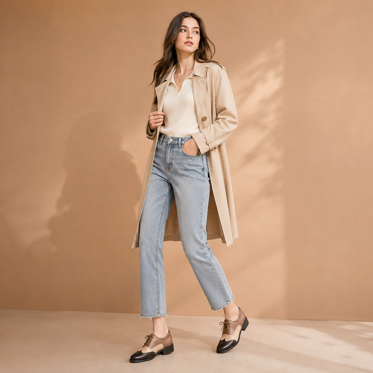 Women’s British-Inspired Lace-Up Brogue Shoes – Black and apricot