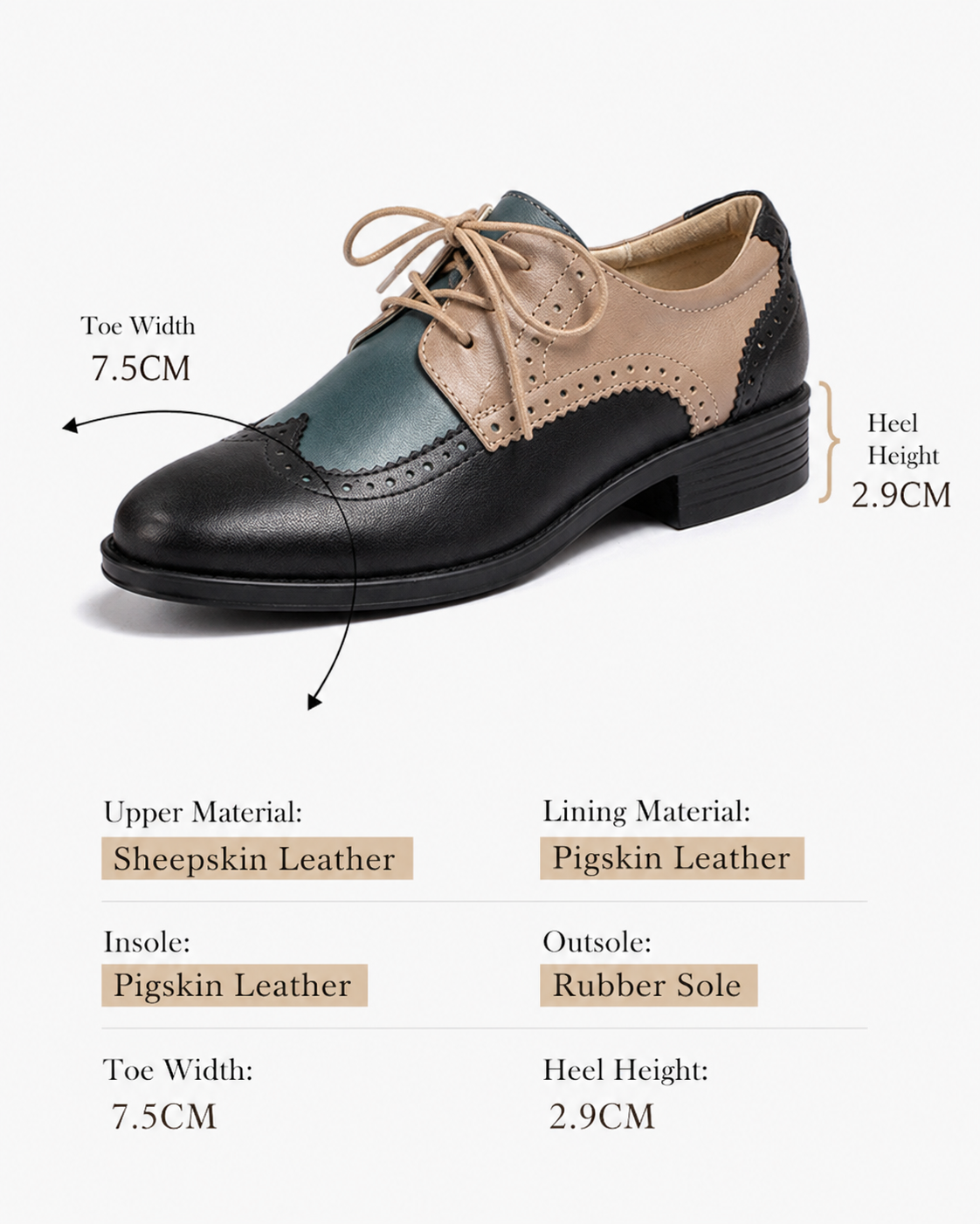 Women's Genuine Leather Two-Tone Brogue Derby Shoes – Vintage Low Heel Lace-Up Flats