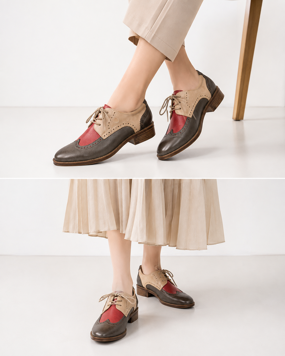 Women's Genuine Leather Two-Tone Brogue Derby Shoes