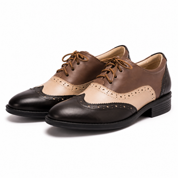 Women’s British-Inspired Lace-Up Brogue Shoes – Black and apricot