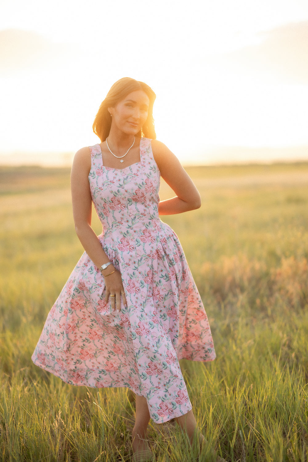 Edith Dress in Pink Sketched Flower