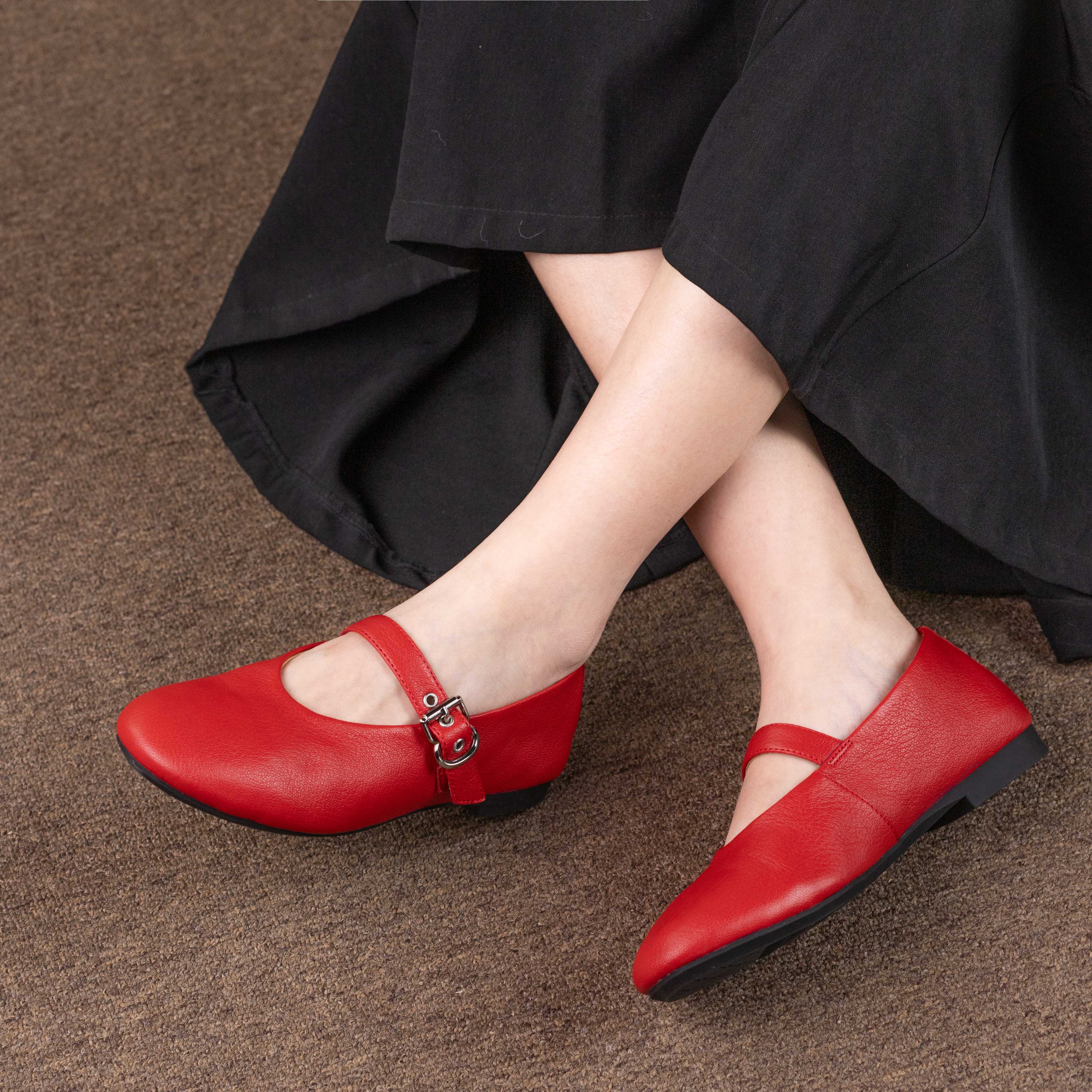 Classic Leather Mary Jane Flats with Buckle Strap
