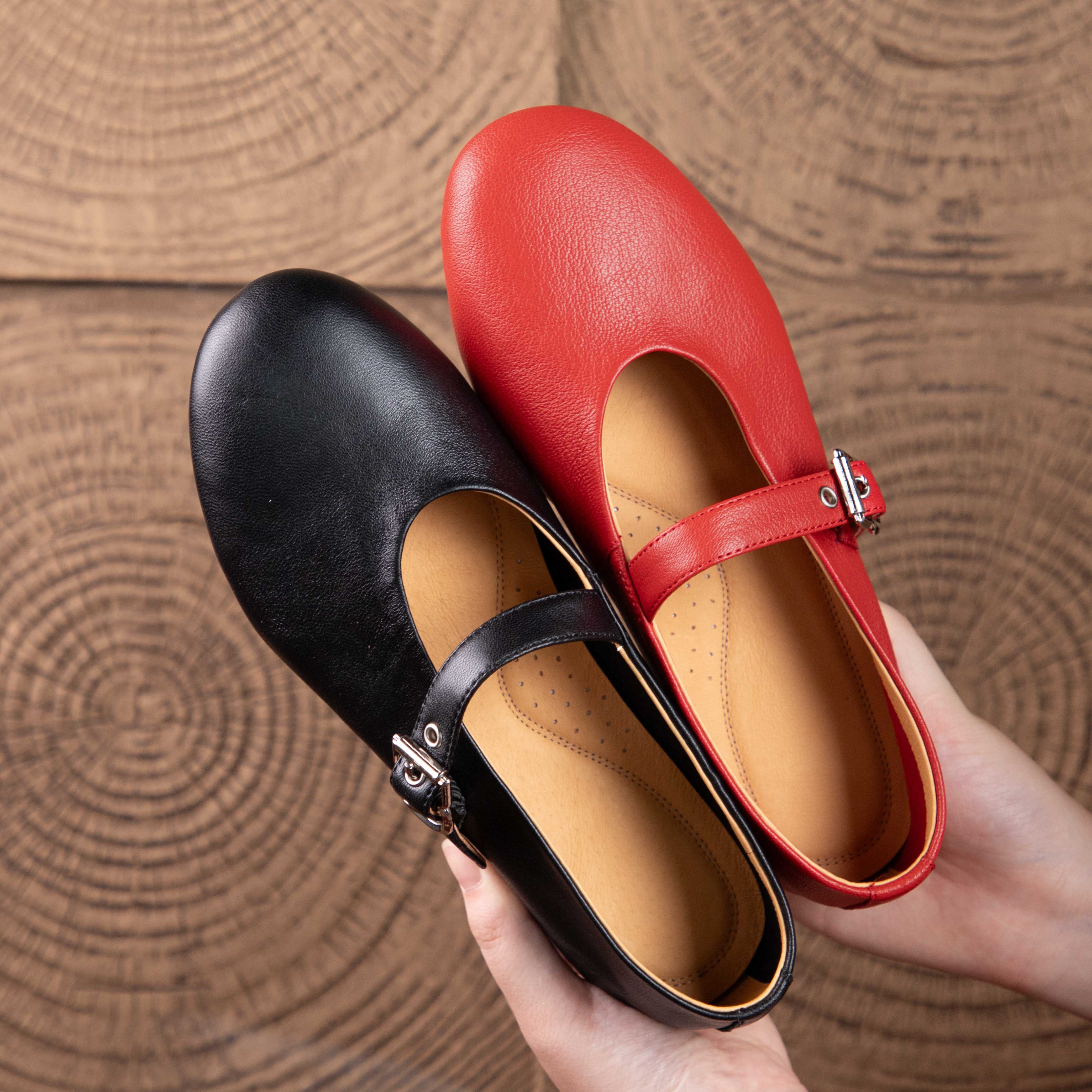 Classic Leather Mary Jane Flats with Buckle Strap