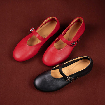 Classic Leather Mary Jane Flats with Buckle Strap