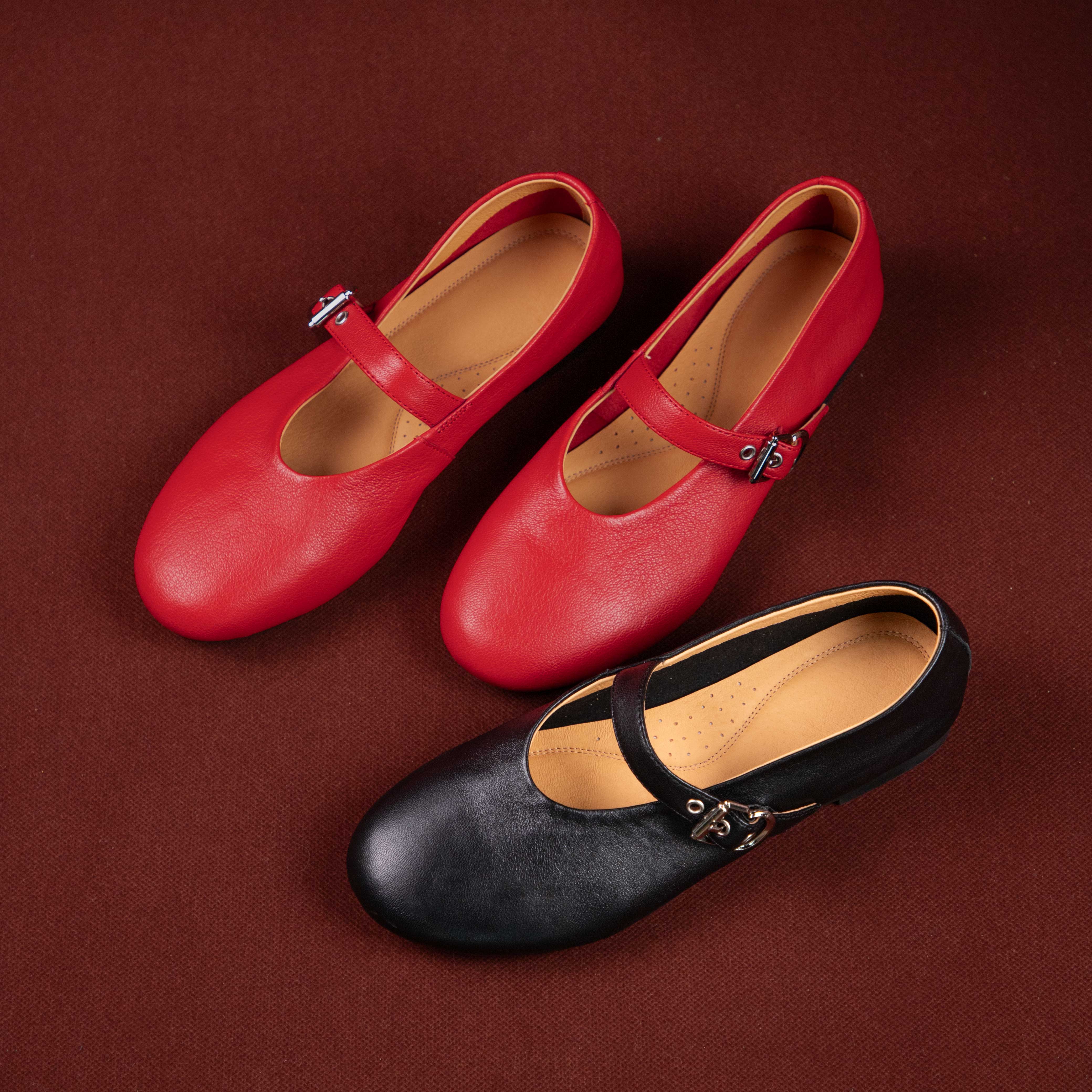 Classic Leather Mary Jane Flats with Buckle Strap