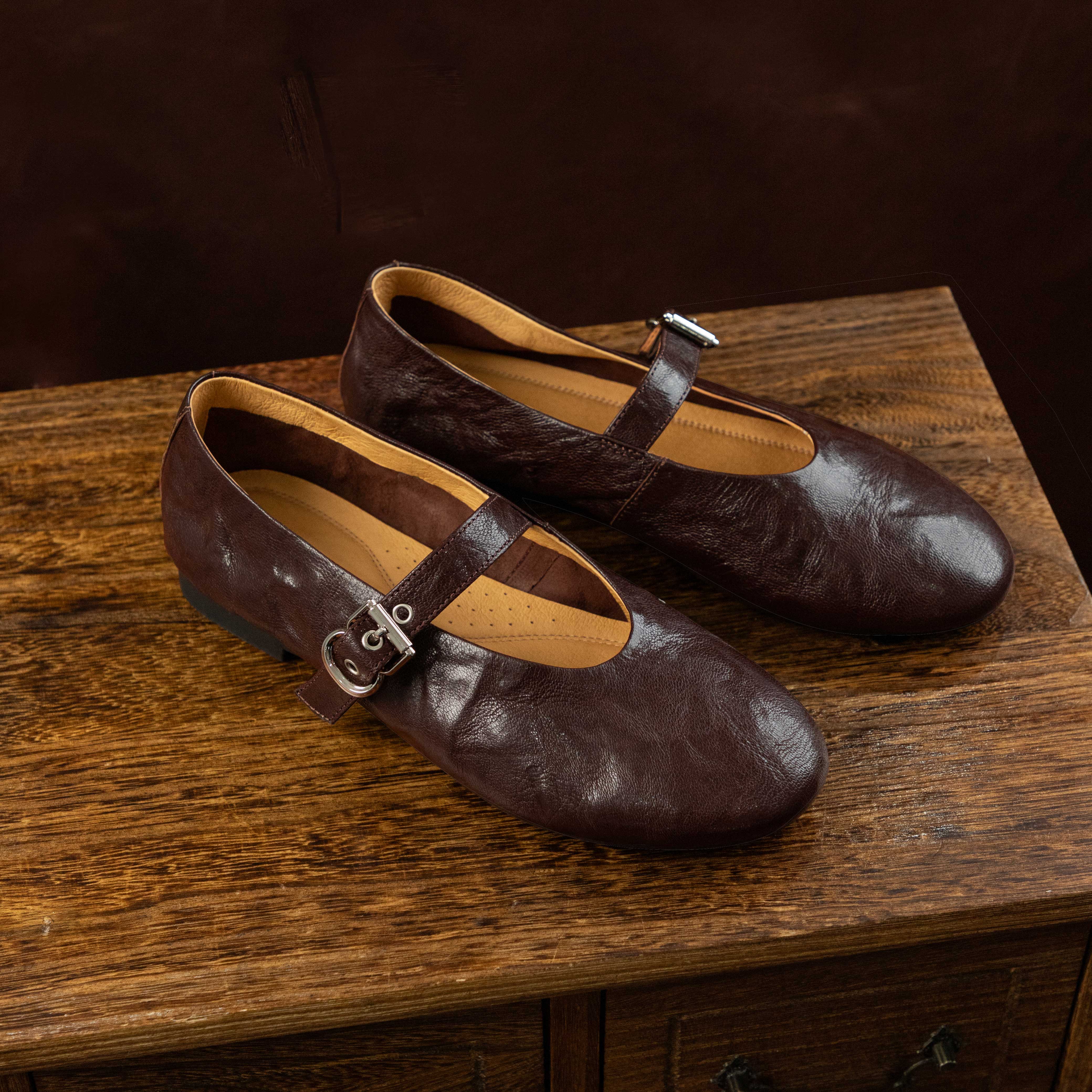 Classic Leather Mary Jane Flats with Buckle Strap
