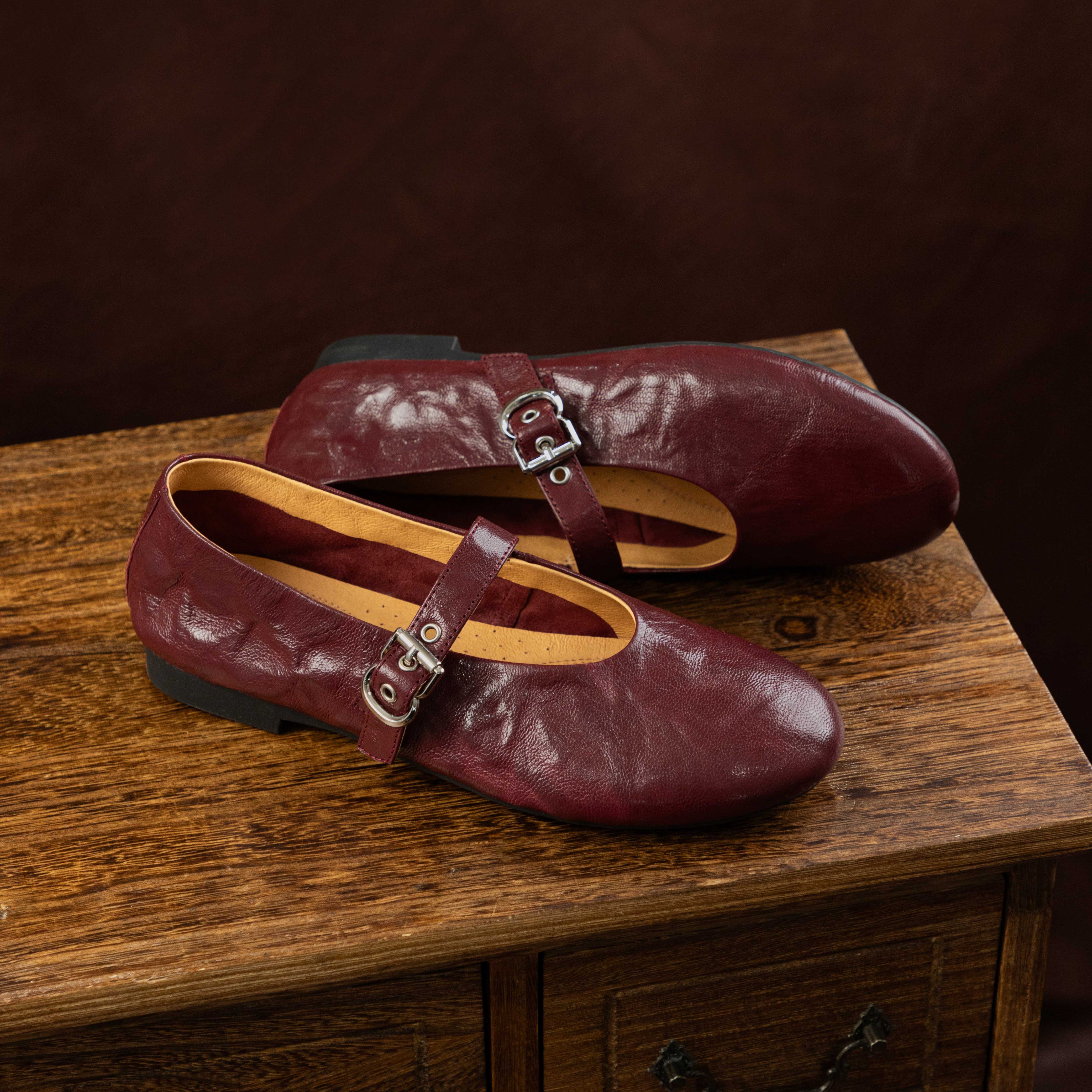 Classic Leather Mary Jane Flats with Buckle Strap