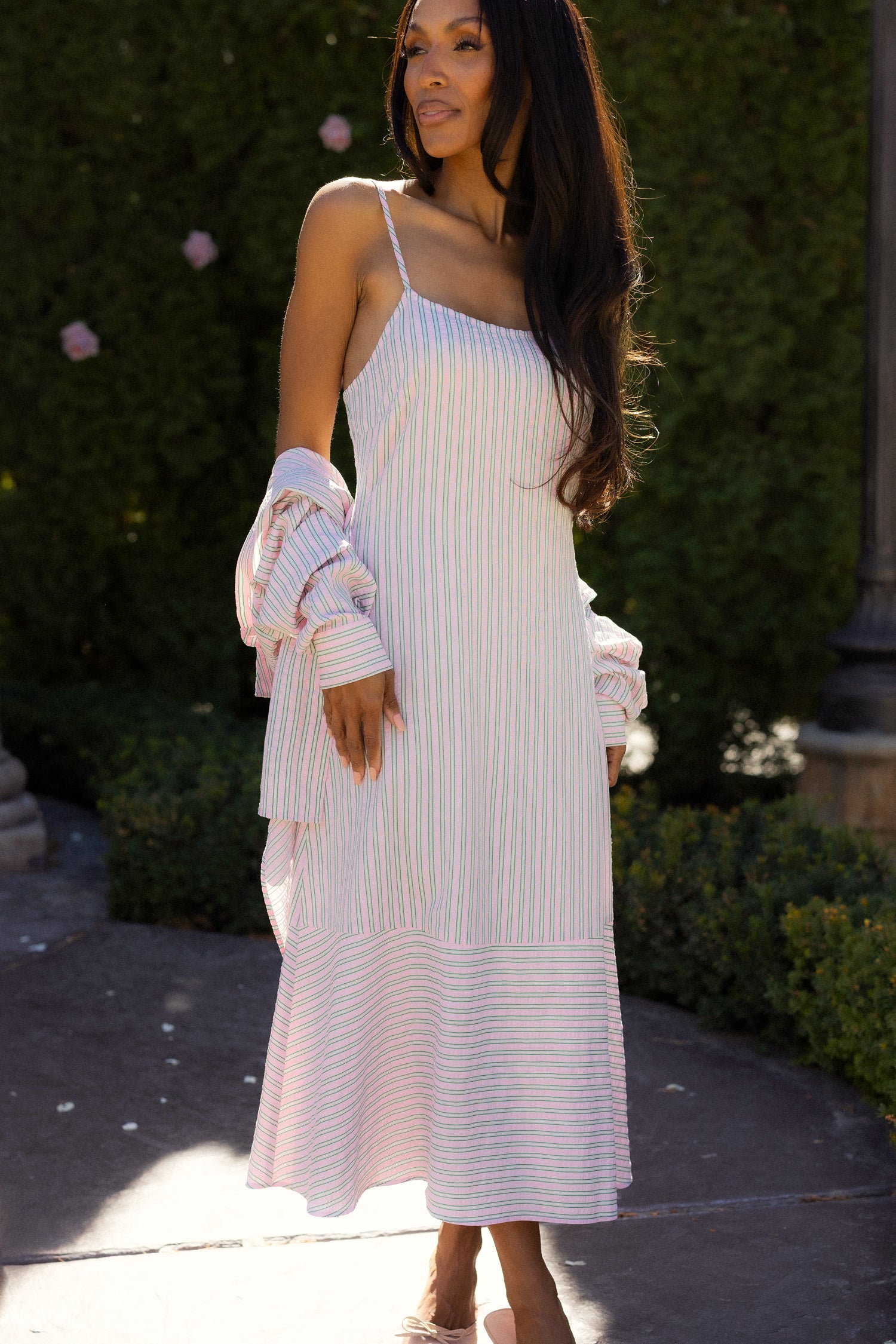 Marbella Dress in Green & Pink Pinstripe