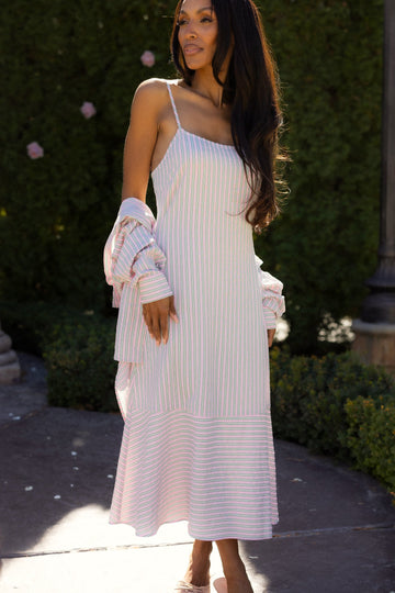 Marbella Dress in Green & Pink Pinstripe