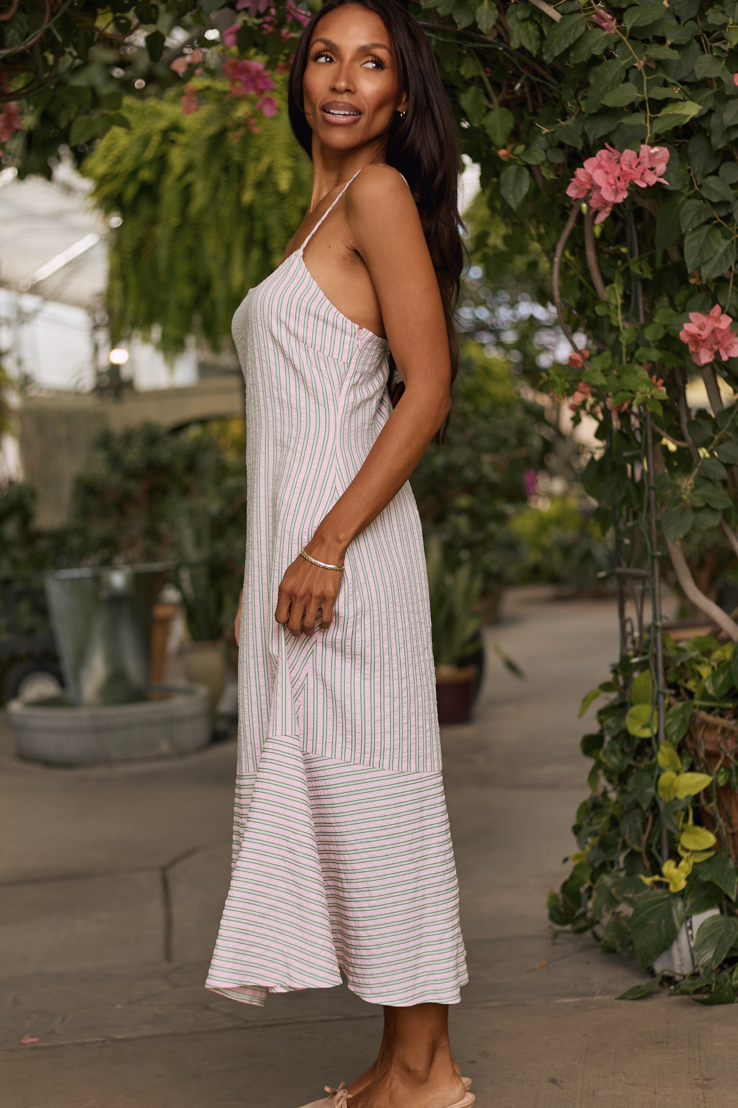 Marbella Dress in Green & Pink Pinstripe