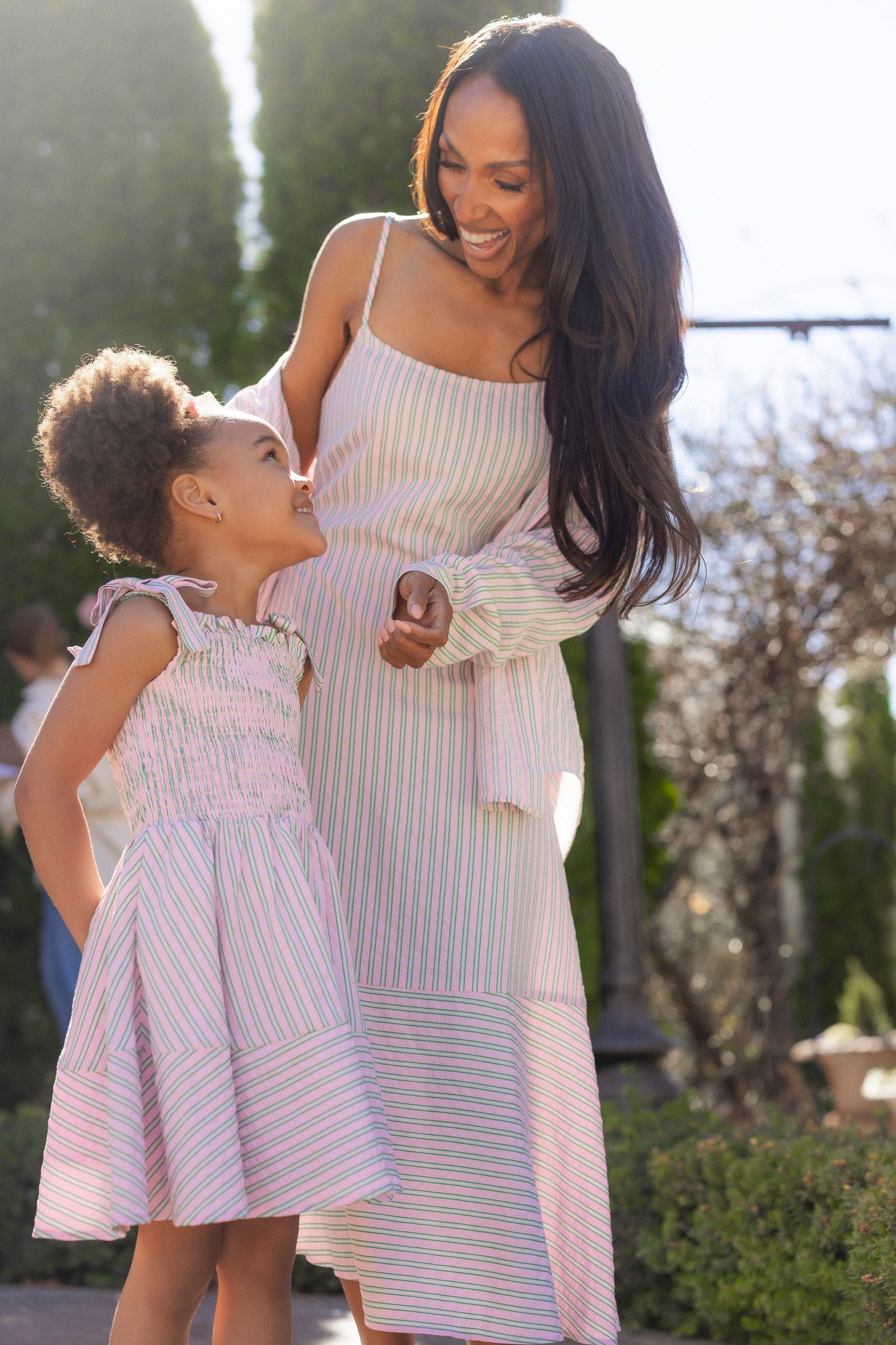 Marbella Dress in Green & Pink Pinstripe