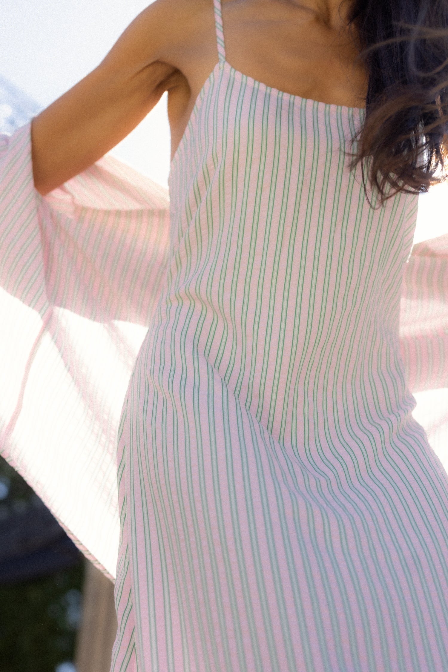 Marbella Dress in Green & Pink Pinstripe