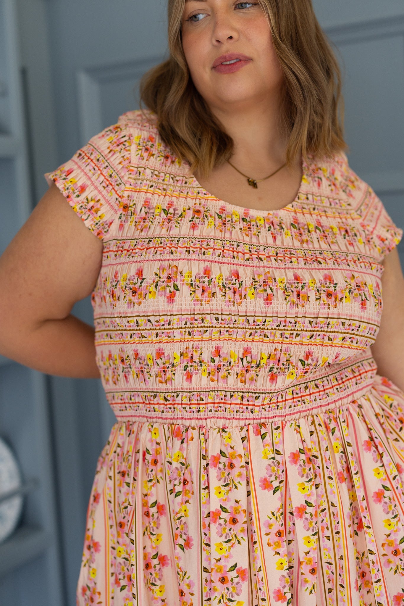 Marlow Cap Sleeve Dress in Peach Handpainted Flora Stripe