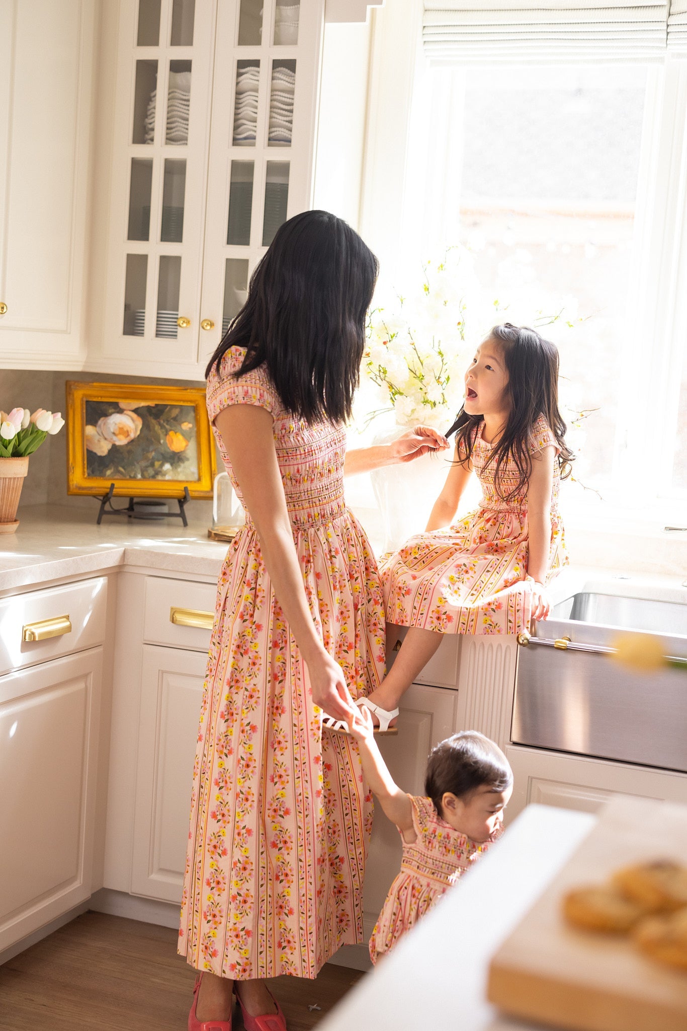 Marlow Cap Sleeve Dress in Peach Handpainted Flora Stripe