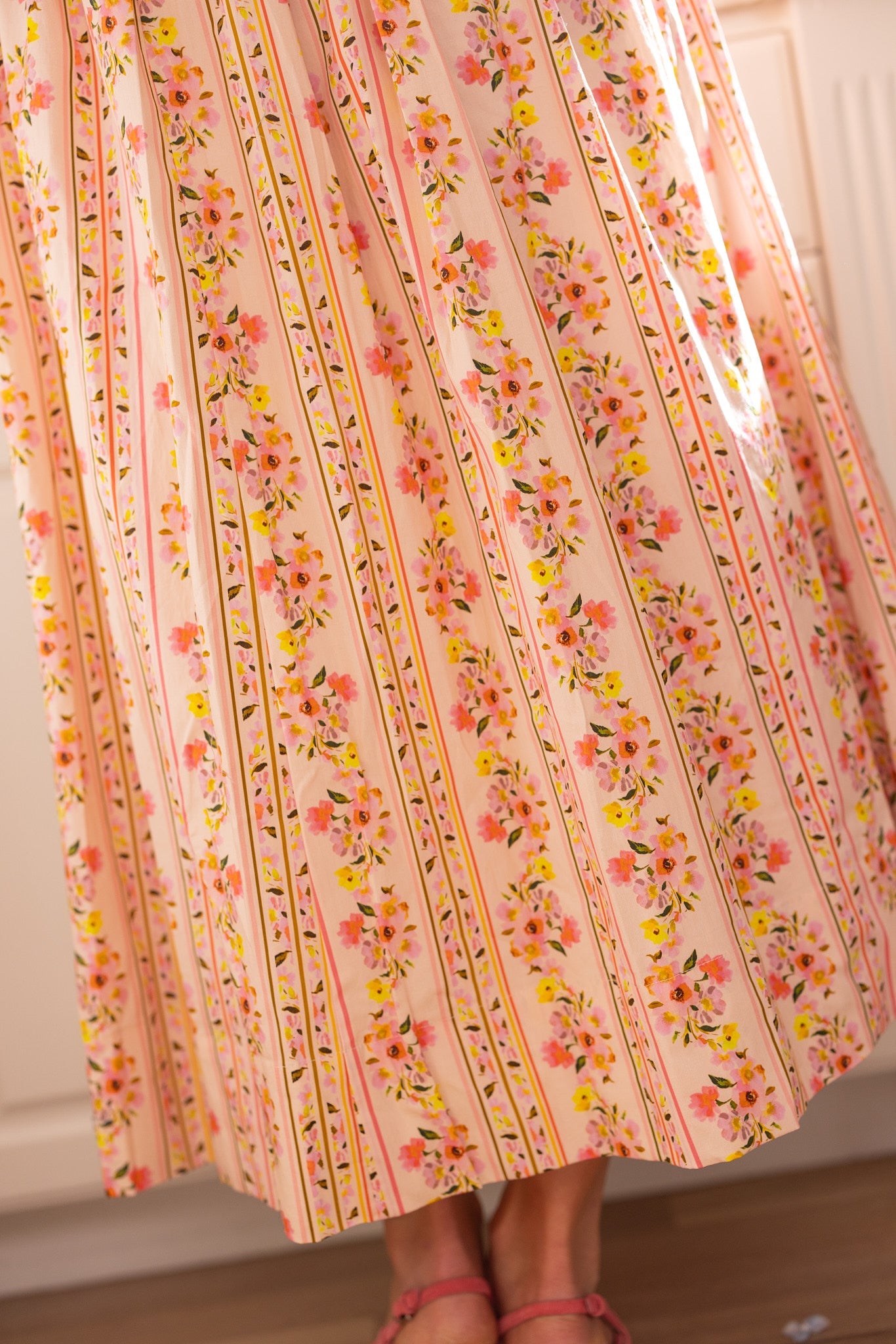 Marlow Cap Sleeve Dress in Peach Handpainted Flora Stripe