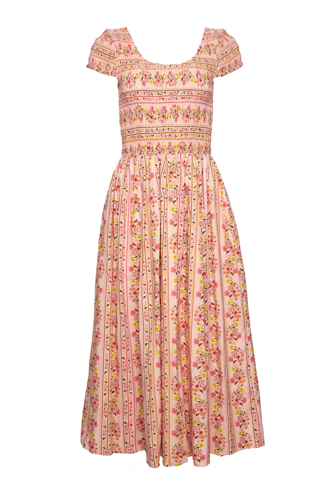Marlow Cap Sleeve Dress in Peach Handpainted Flora Stripe