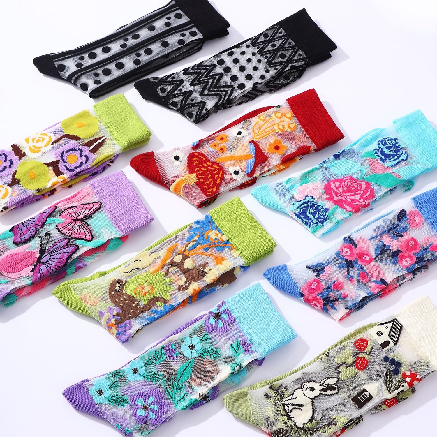 Sheer Floral Butterfly Crew Socks
