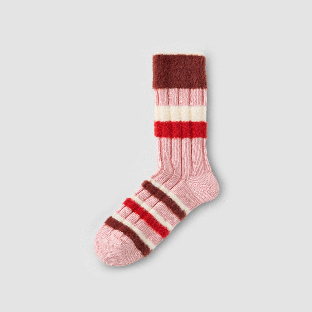Women’s Striped Fleece-Lined Crew Socks – Thick Warm Winter Cotton Socks
