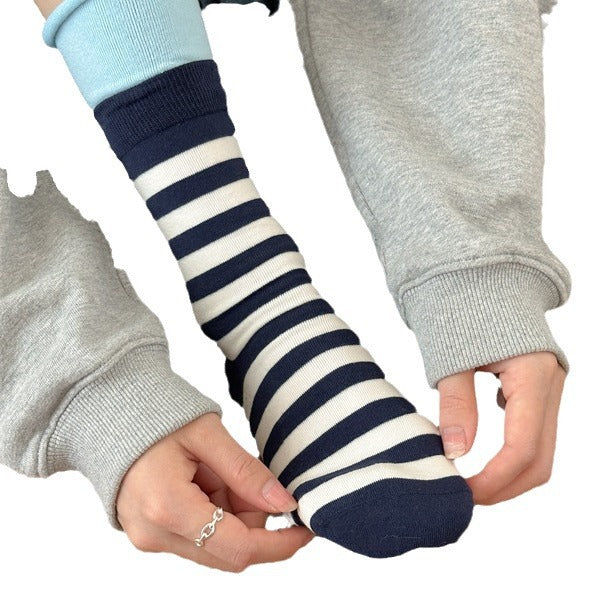 Dopamine Striped Crew Socks with Layered Colorblock Cuffs
