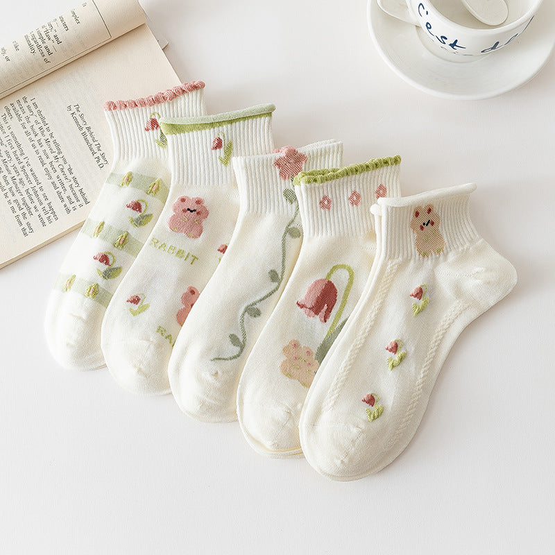 Women’s Floral Ruffle No-Show Socks – Preppy Lightweight Spring Summer Boat Socks