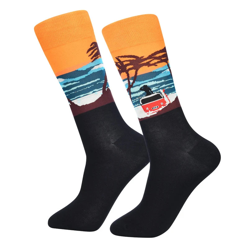 Men’s Creative Linework Crew Socks – Relaxed Cool-Season Fashion Socks