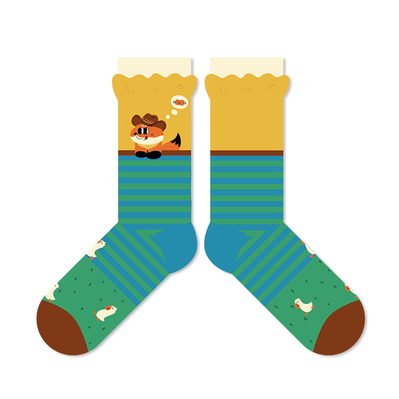 Unisex Illustrated Fox Bubble-Cuff Crew Socks – Cute Spring Summer Fashion Socks