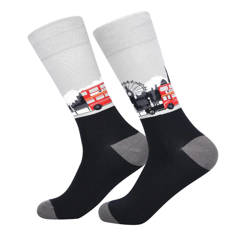 Men’s Artbook Doodle Long Crew Socks – Vintage Urban Cotton-Blend Socks
