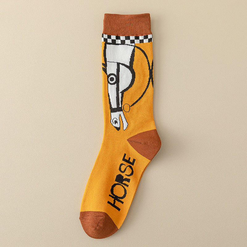 Women’s Colorblock Galloping Horse Crew Socks – Retro Breathable Fall Winter Socks