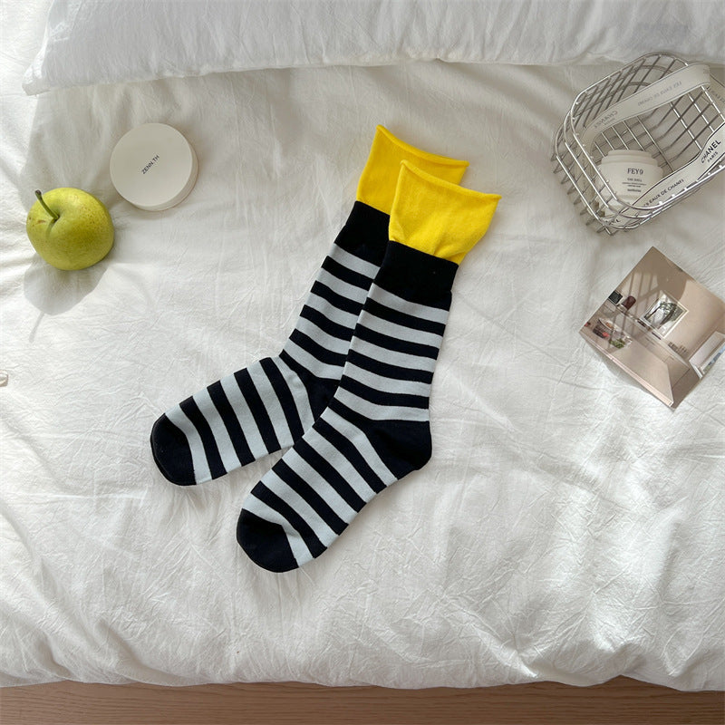 Dopamine Striped Crew Socks with Layered Colorblock Cuffs