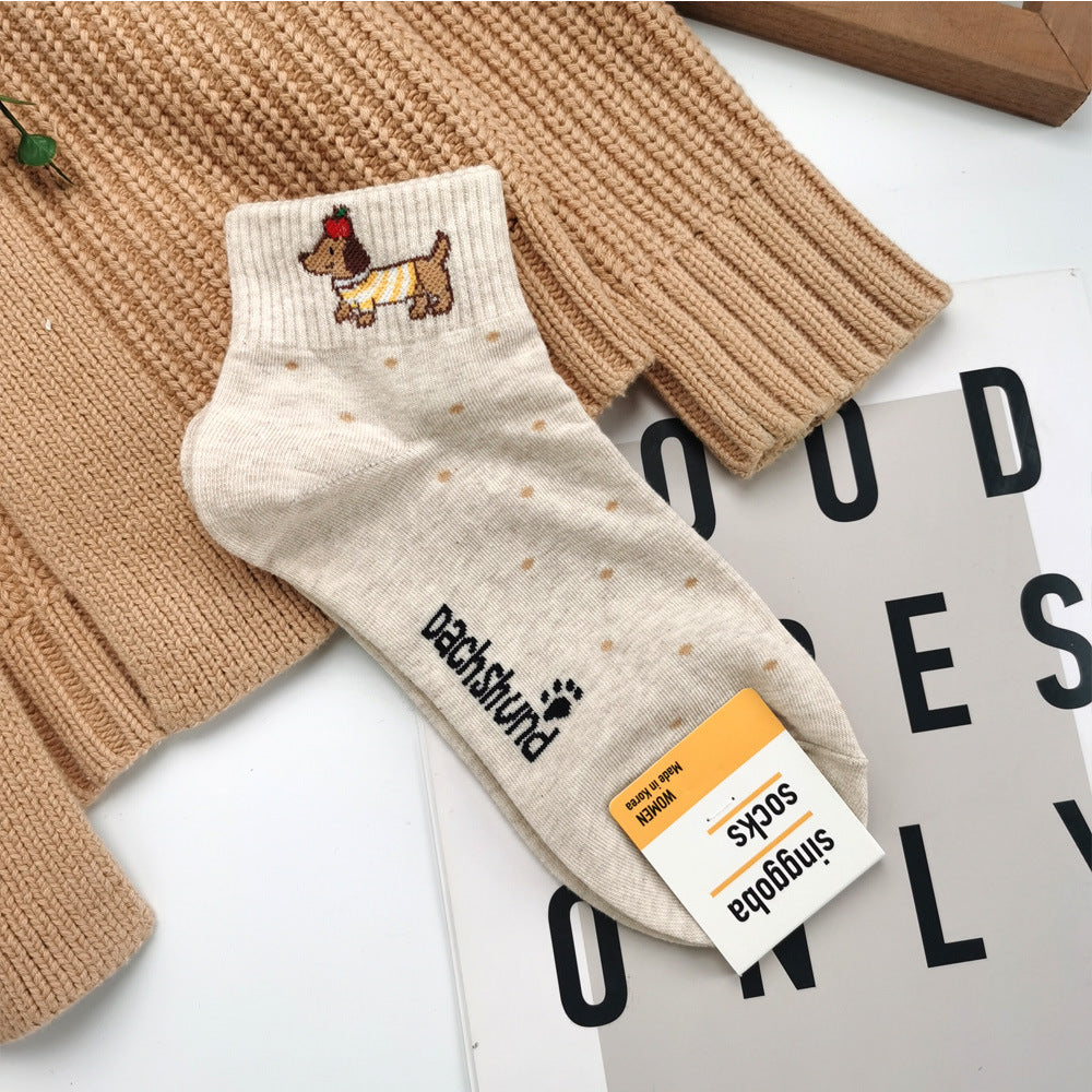 Women’s Dachshund Ankle Socks – Korean-Inspired Breathable Cotton Socks for Spring Summer