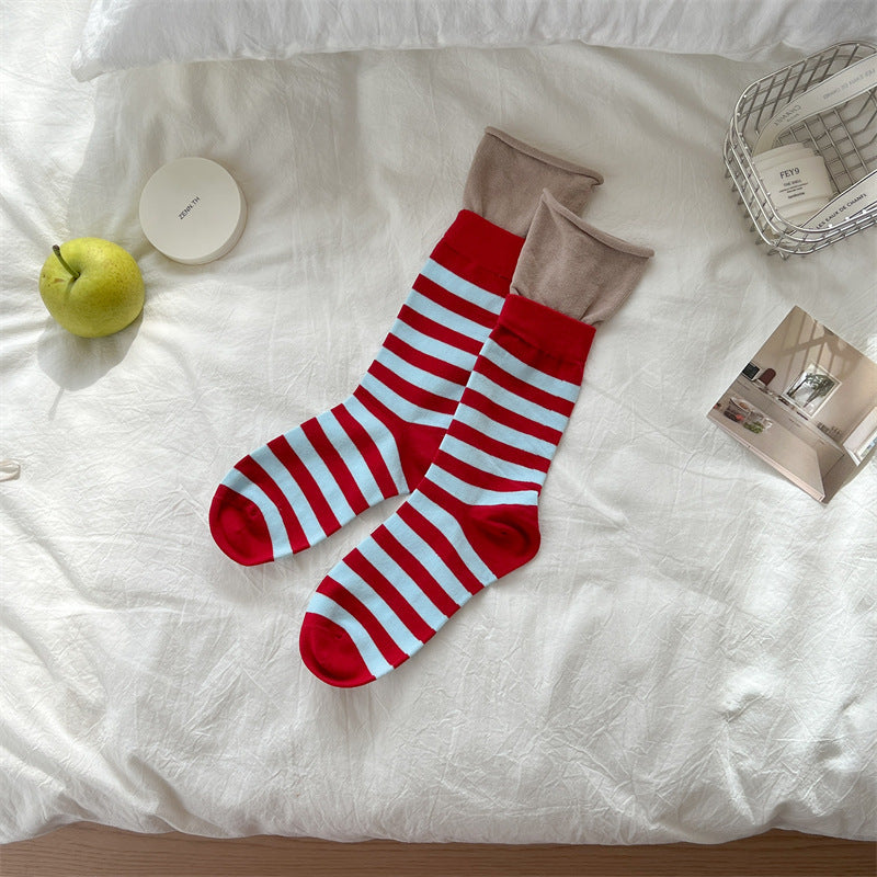 Dopamine Striped Crew Socks with Layered Colorblock Cuffs