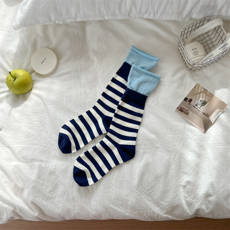 Dopamine Striped Crew Socks with Layered Colorblock Cuffs