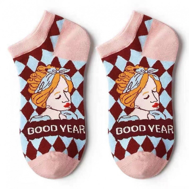 Unisex Vintage Storybook Low-Cut Socks – Japanese-Inspired Preppy Cotton Socks
