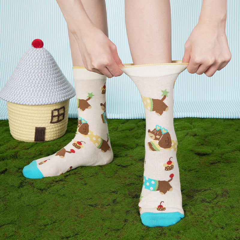 Women’s Striped Dachshund Mesh Crew Socks – Lightweight Summer Cotton-Blend Socks