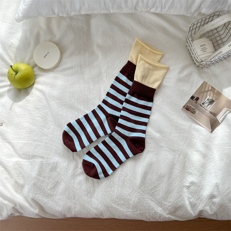 Dopamine Striped Crew Socks with Layered Colorblock Cuffs