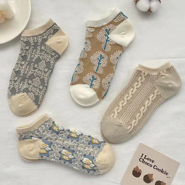 Women’s Retro Embossed No-Show Socks – Lightweight Breathable Summer Boat Socks