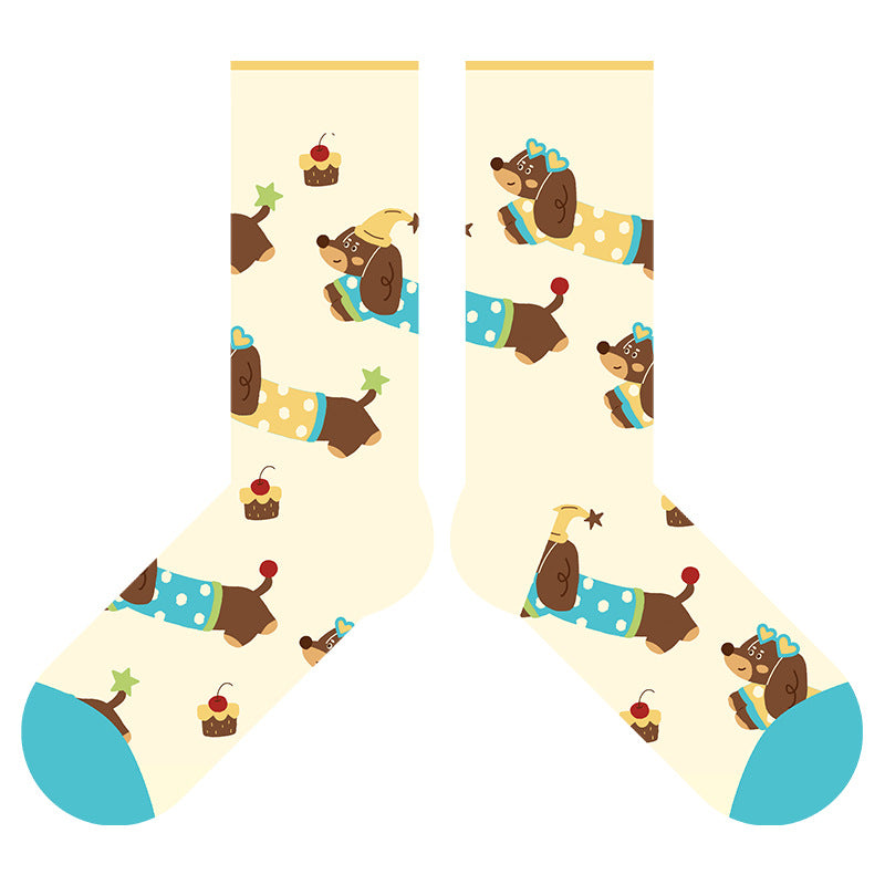 Women’s Striped Dachshund Mesh Crew Socks – Lightweight Summer Cotton-Blend Socks