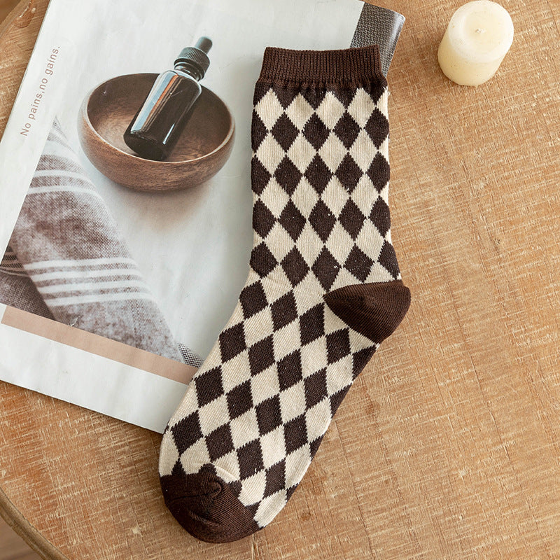 Women’s Mocha Argyle Crew Socks – Thick British-Inspired Cotton Socks for Fall Winter