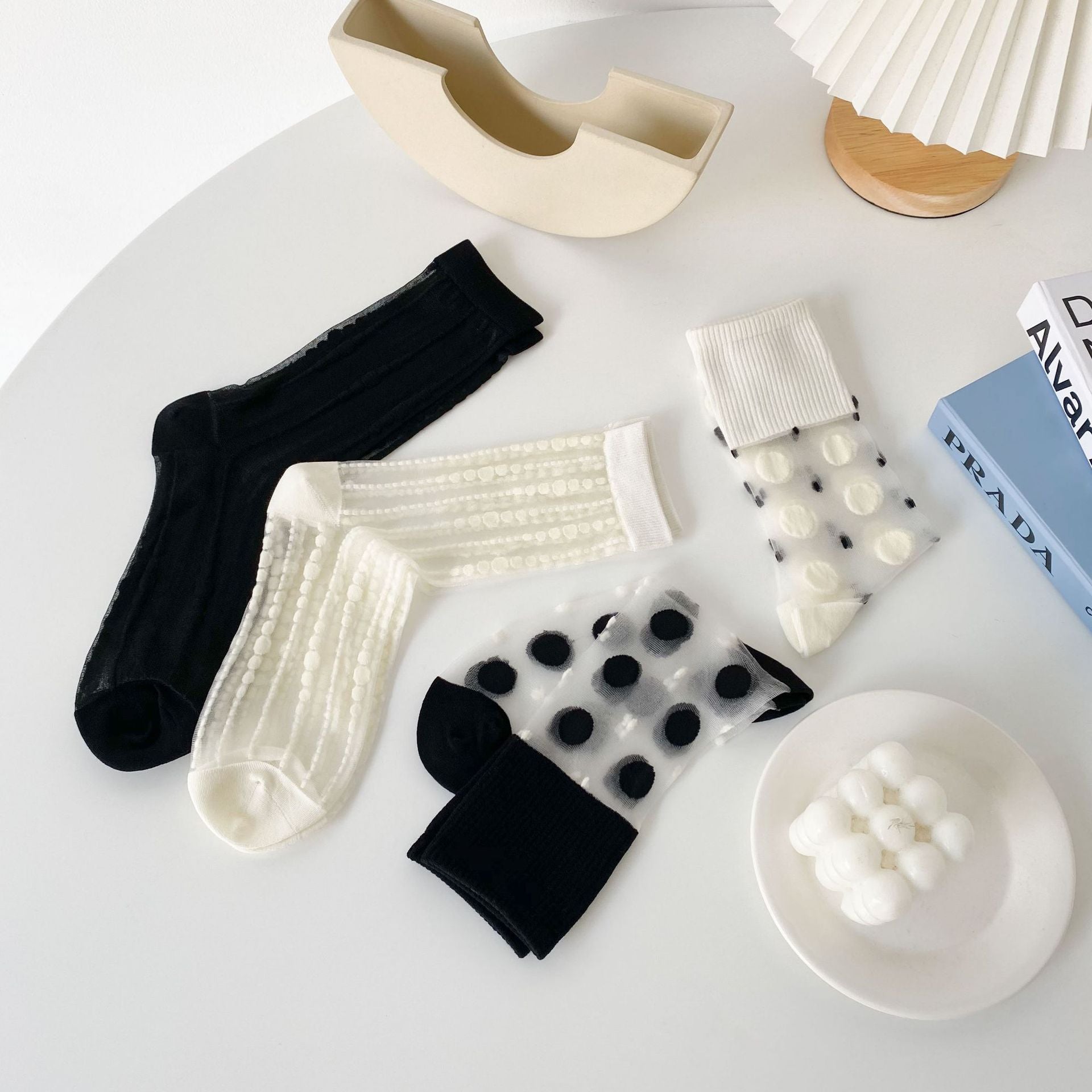Mono Muse Sheer Stripe & Dot Crew Socks - Black Polka Dots